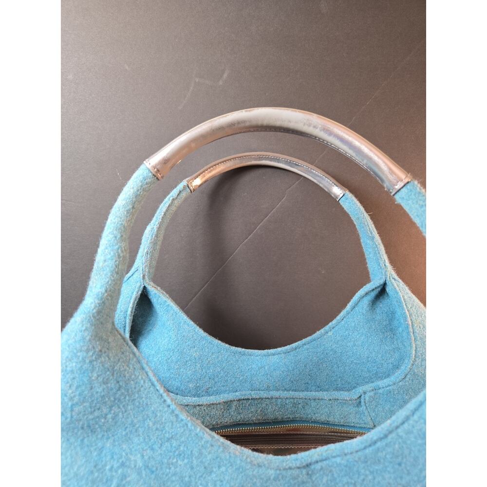 Kate Spade New York Blue Wool Felt Hobo Bag Silver Handles Polka Dot Lining - Picture 2 of 14